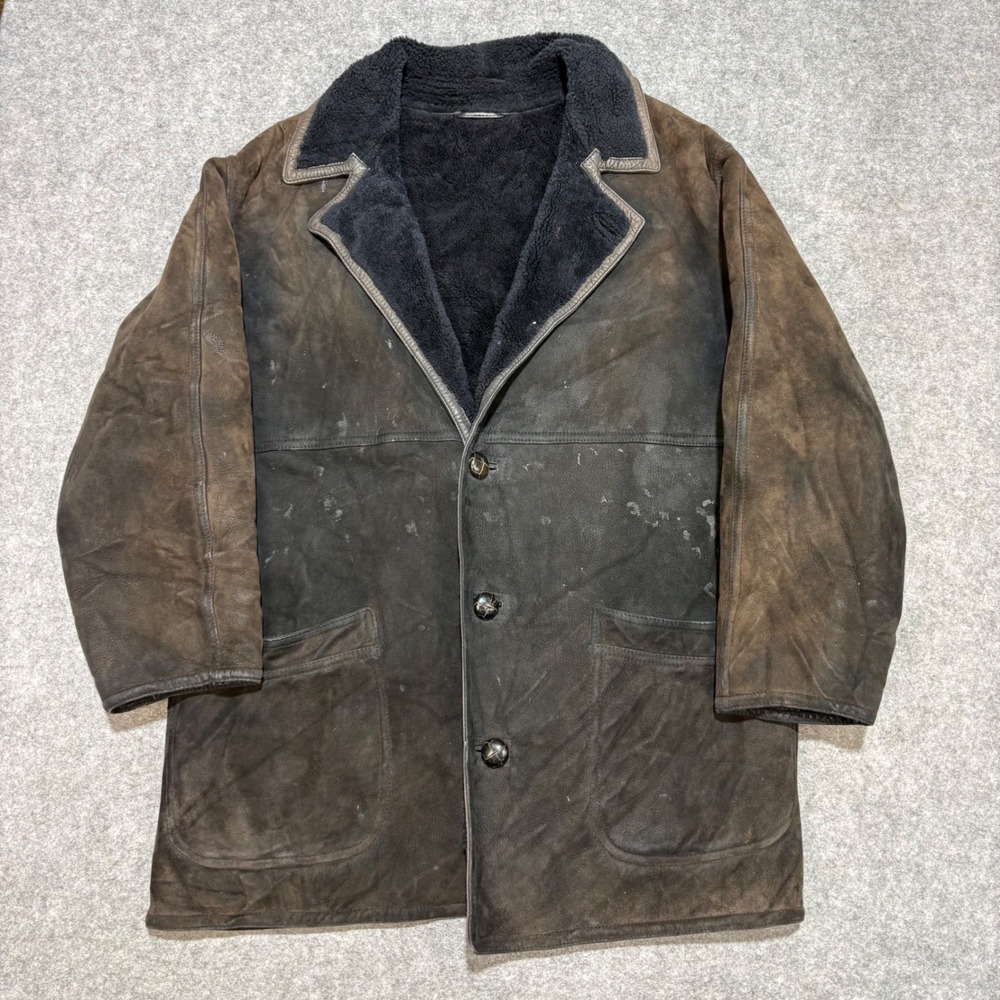 Ruffo Italy Mens Distressed Brown Leather Shearling Coat Faux Fur Lined Jacket